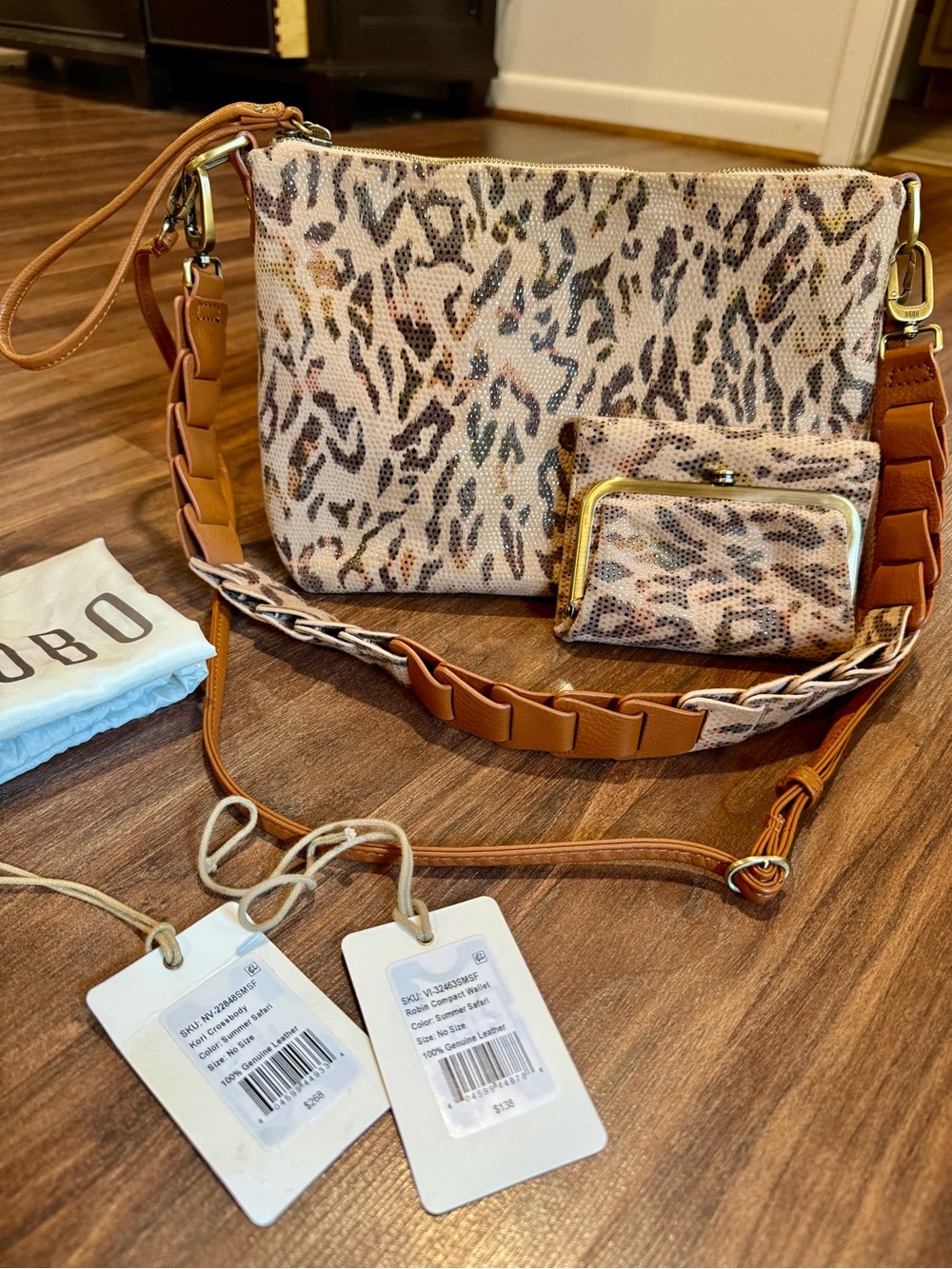 HOBO Kori Leather Crossbody + Matching Wallet | Animal Print | Dust Bag EUC